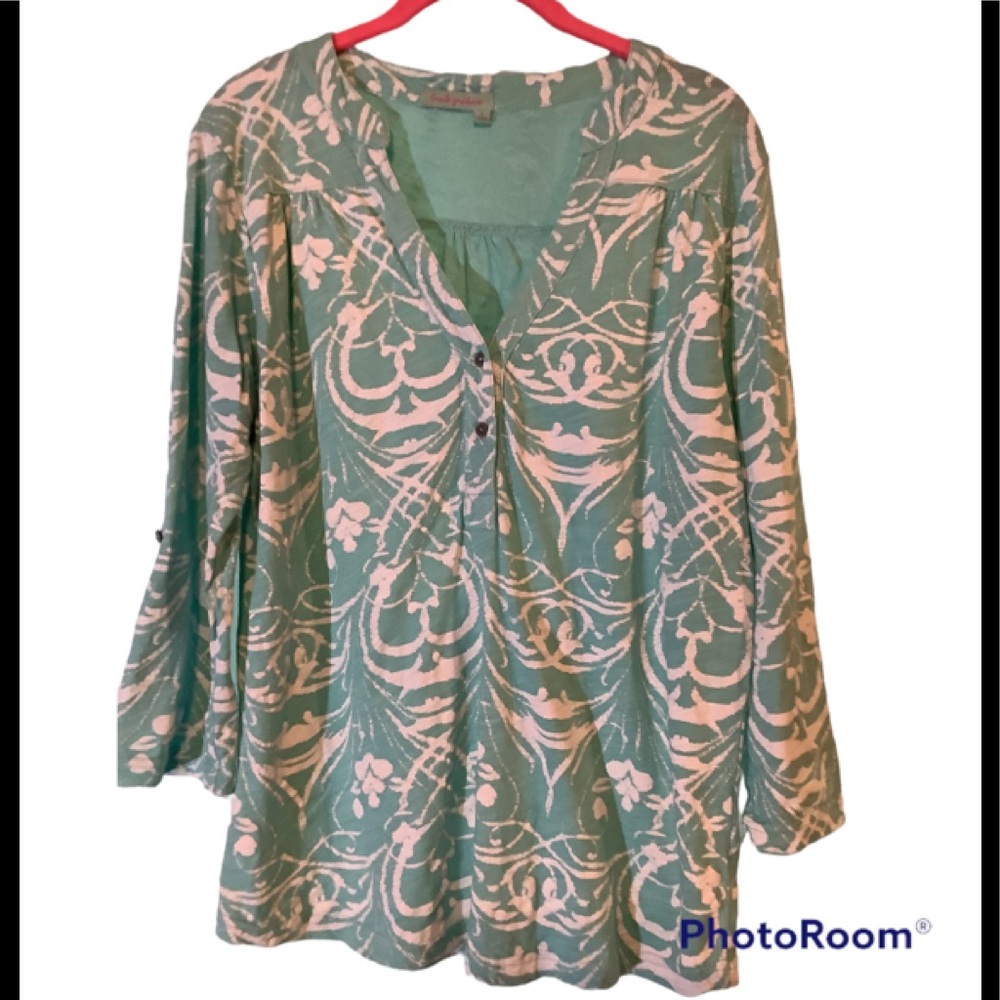 Fresh Produce chill green & white long sleeve V-neck blouse, 100% cotton, NWT